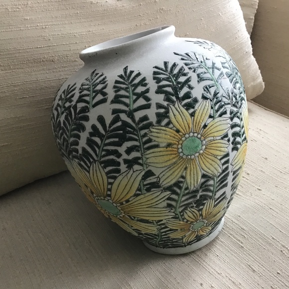 VINTAGE DAISY FLOWER PRINT ASIAN VASE/PLANTER POTTERY - Picture 1 of 8